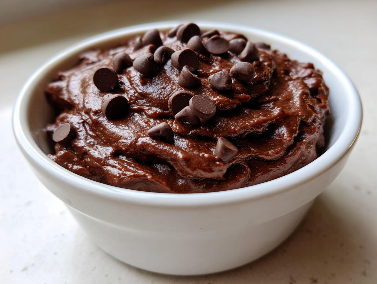 Close-up of rich, dark chocolate brownie batter dip topped generously with mini chocolate chips in a small white bowl.