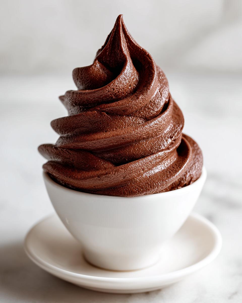 A perfect swirl of rich, dark chocolate frosting piped high in a small white cup.