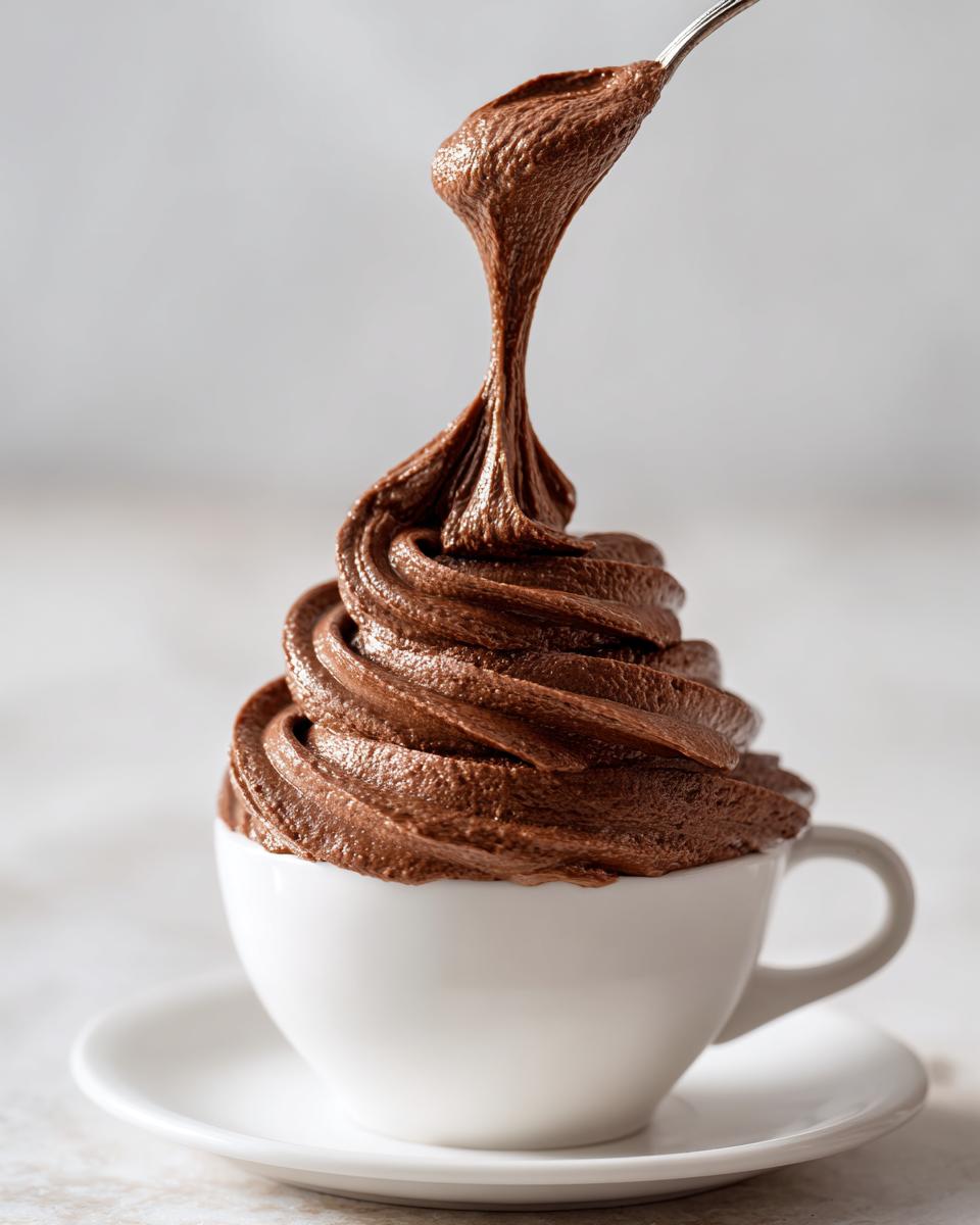 A tall swirl of rich, dark chocolate frosting being lifted by a spoon from a small white teacup.