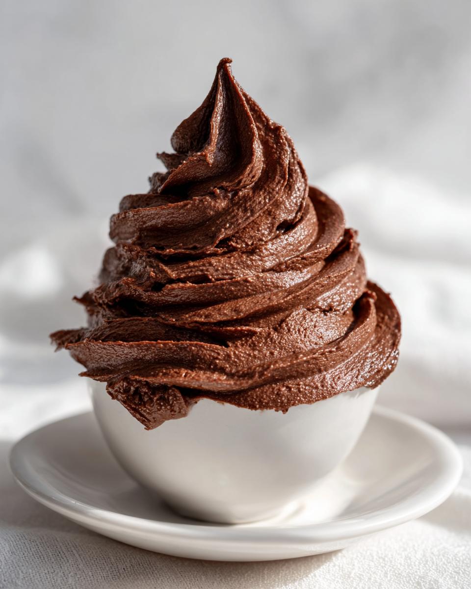 A tall, perfectly piped swirl of rich, dark chocolate frosting in a small white bowl.