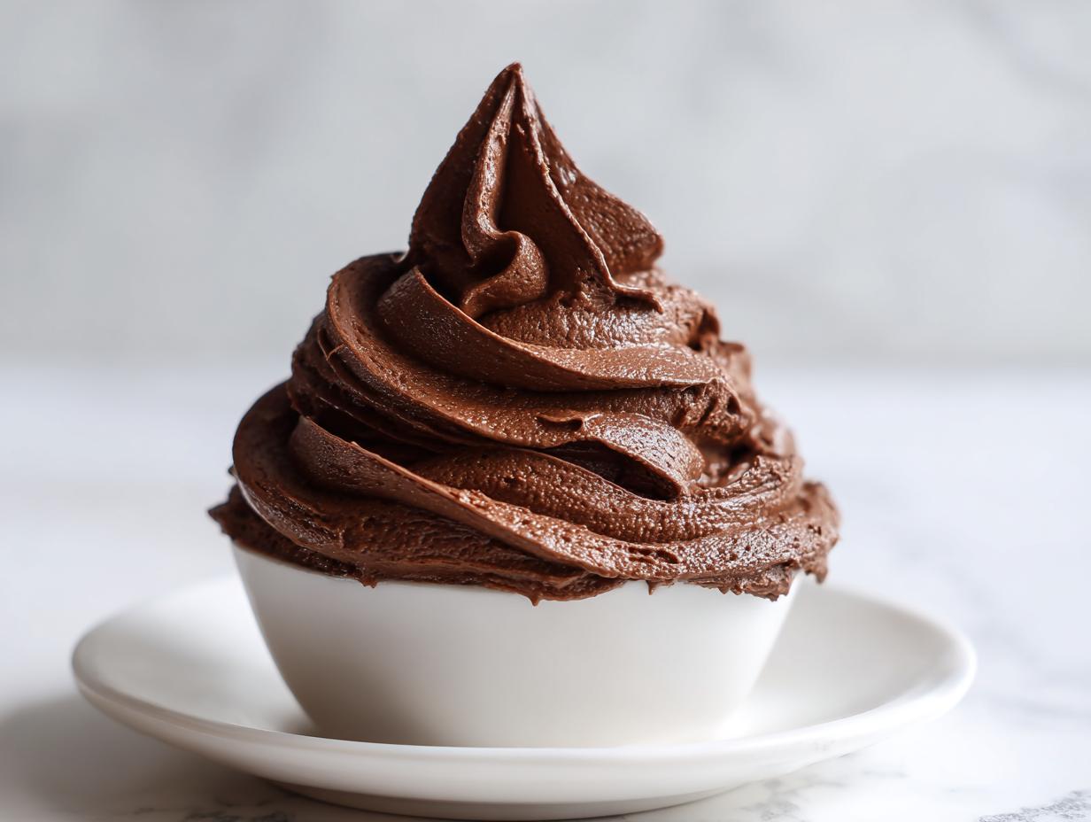 A perfectly piped swirl of rich, dark brown chocolate frosting in a small white bowl.