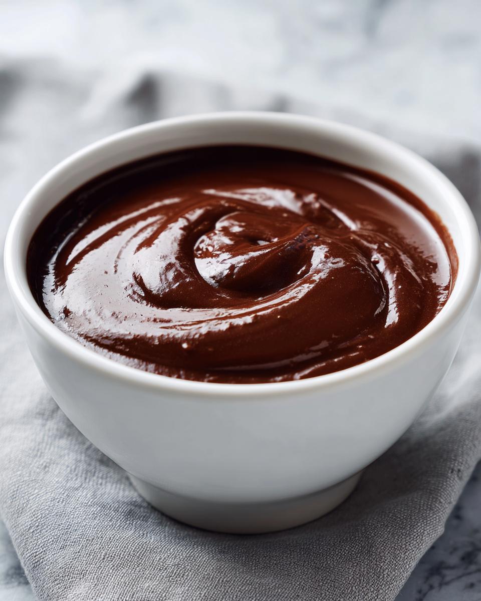 A close-up of thick, glossy homemade chocolate sauce recipe filling a small white bowl.