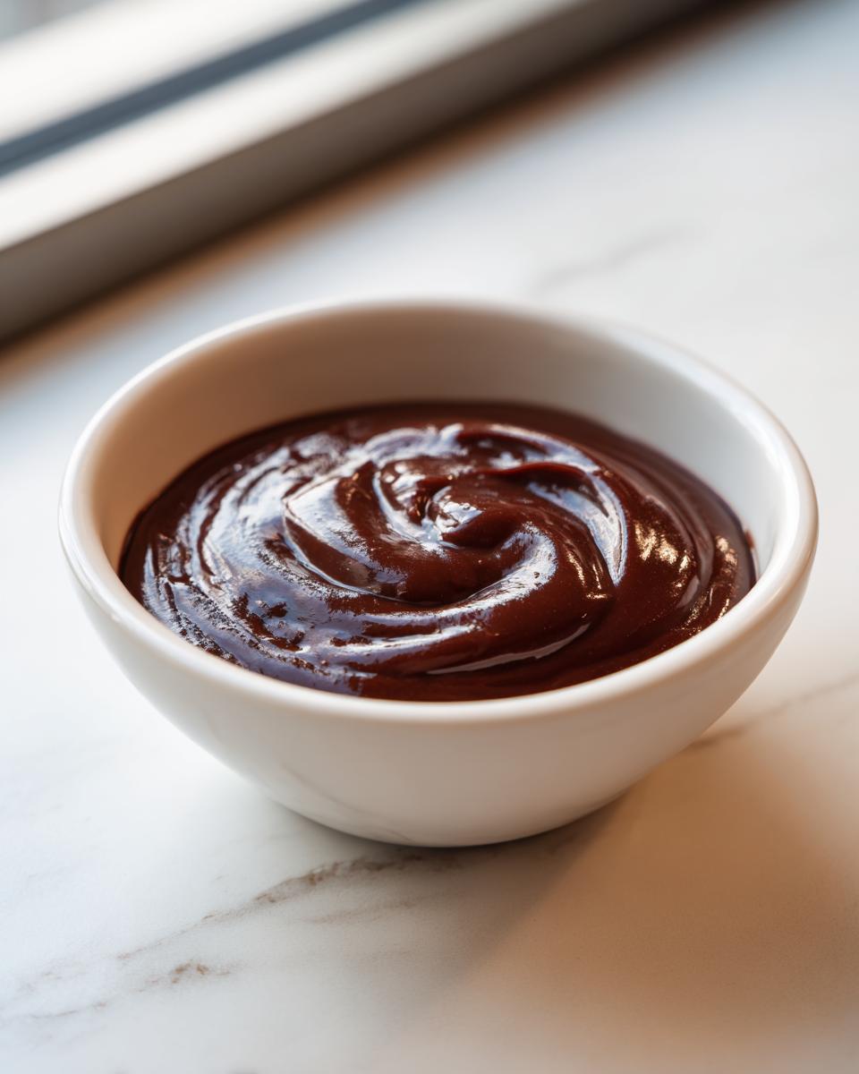 A small white bowl filled with thick, glossy homemade chocolate sauce recipe, sitting on a marble surface.