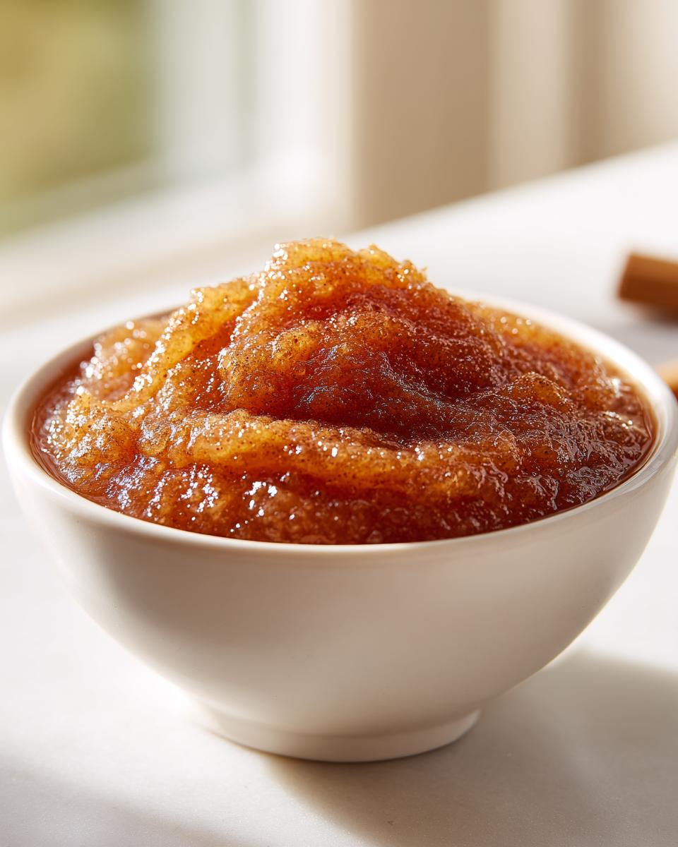 Close-up of chunky, spiced applesauce piled high in a small white bowl, ready to serve.