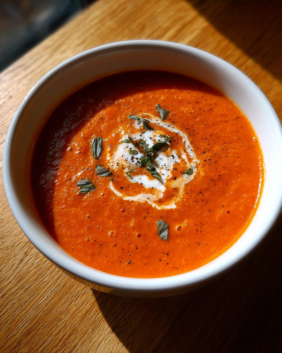 A close-up overhead view of a bowl of rich, creamy tomato bisque, swirled with cream and topped with black pepper and fresh herbs.