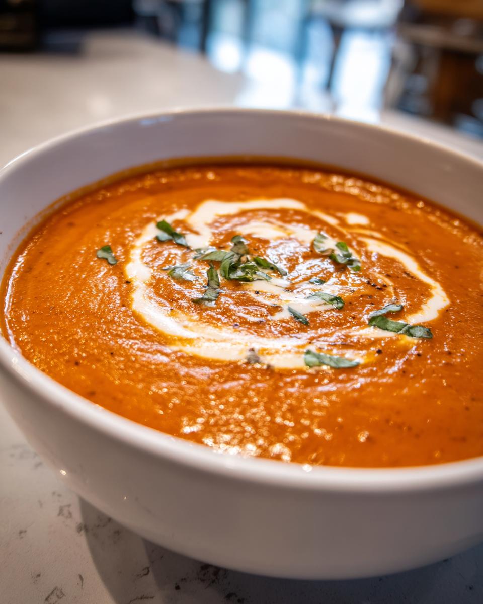 Close-up of a creamy, vibrant orange tomato bisque in a white bowl, garnished with a cream swirl and fresh basil.
