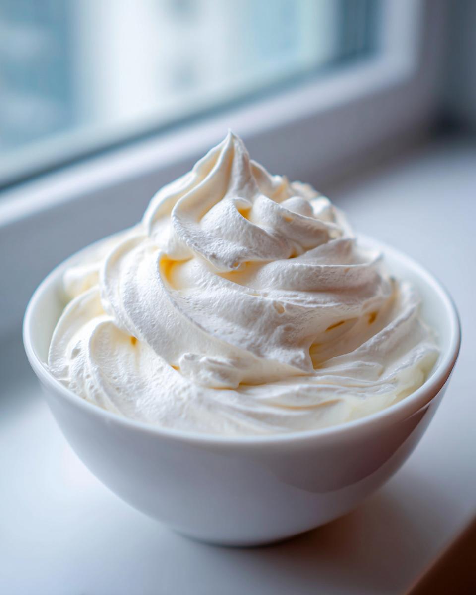 Close-up of stiff, white royal icing recipe piped into soft peaks in a small white bowl.