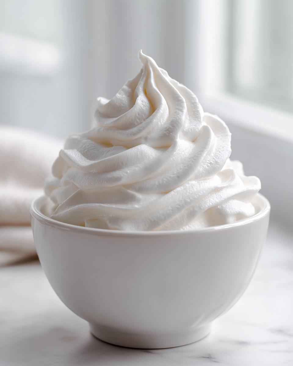 A close-up of stiff, perfectly piped white royal icing recipe mixture swirling high in a small white bowl.
