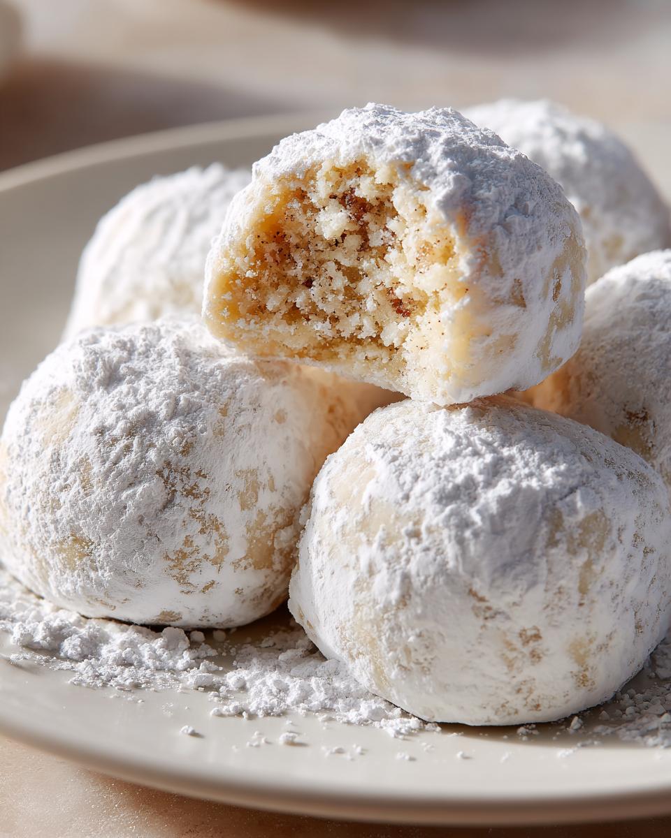 A close-up stack of delicious russian tea cakes heavily coated in powdered sugar, one cookie is broken open.