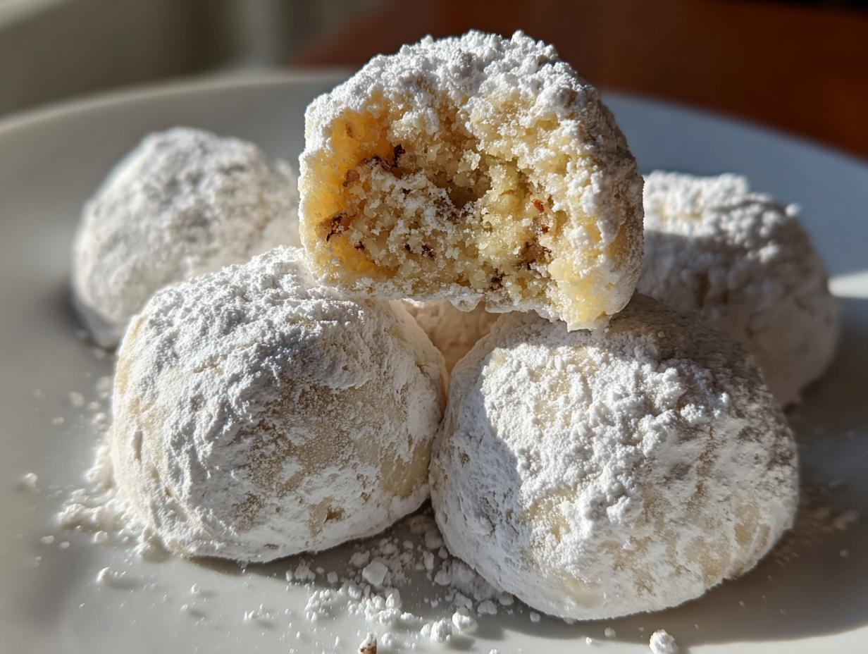 A stack of delicious russian tea cakes heavily coated in powdered sugar, one cookie is broken open showing the crumbly interior.
