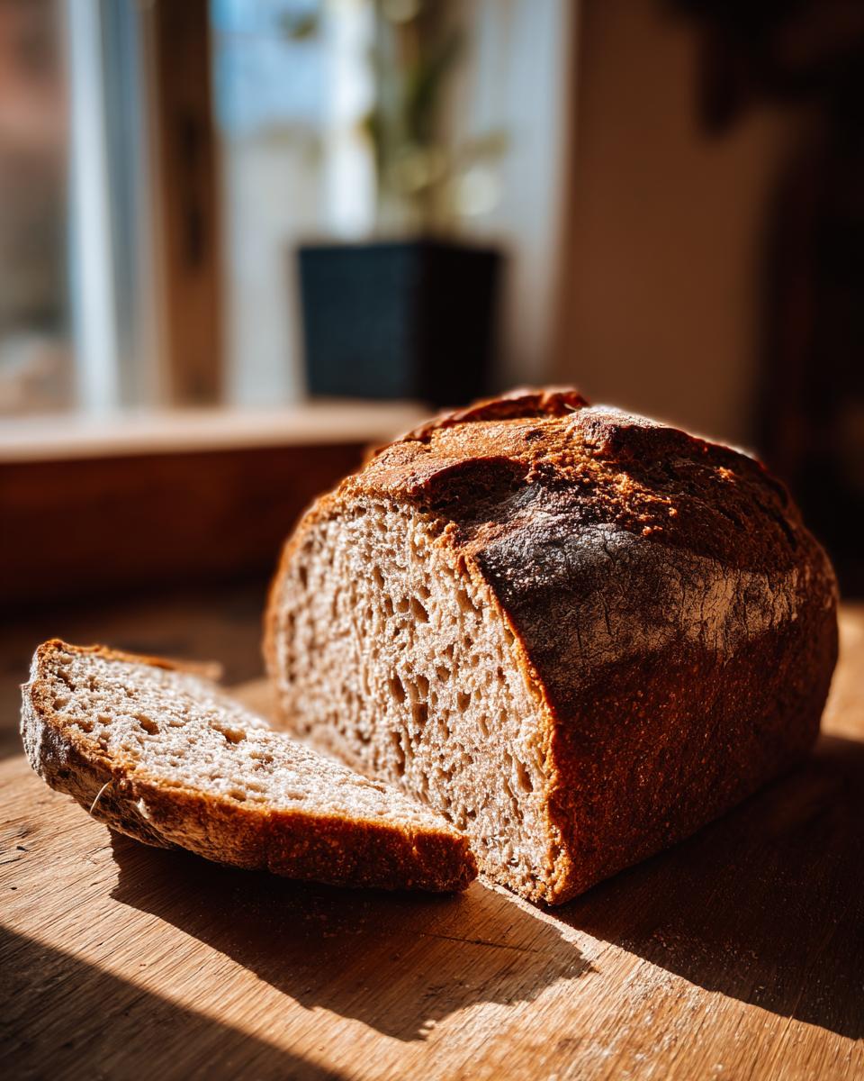 A rustic, dark-crusted loaf of soda bread with one thick slice cut and resting beside it on a wooden board.