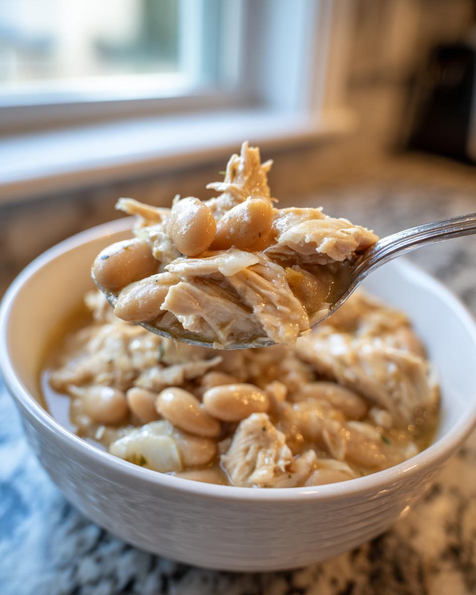 A spoonful of shredded chicken and white beans from a bowl of white chicken chili.
