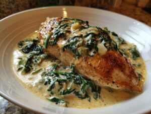 A perfectly seared chicken breast topped with creamy spinach and onions, ready to eat as Chicken Florentine.