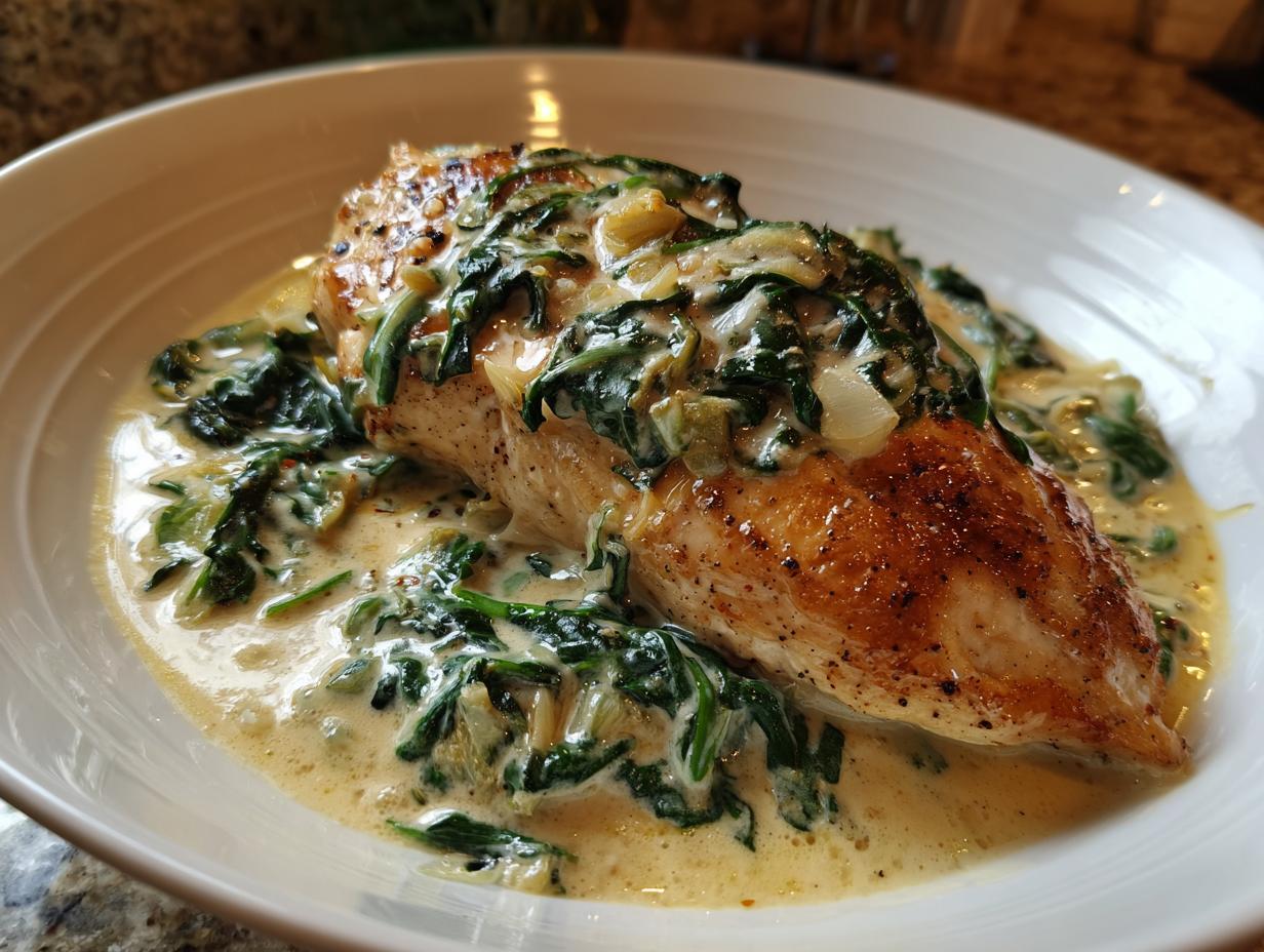 A perfectly seared chicken breast topped with creamy spinach and onions, ready to eat as Chicken Florentine.