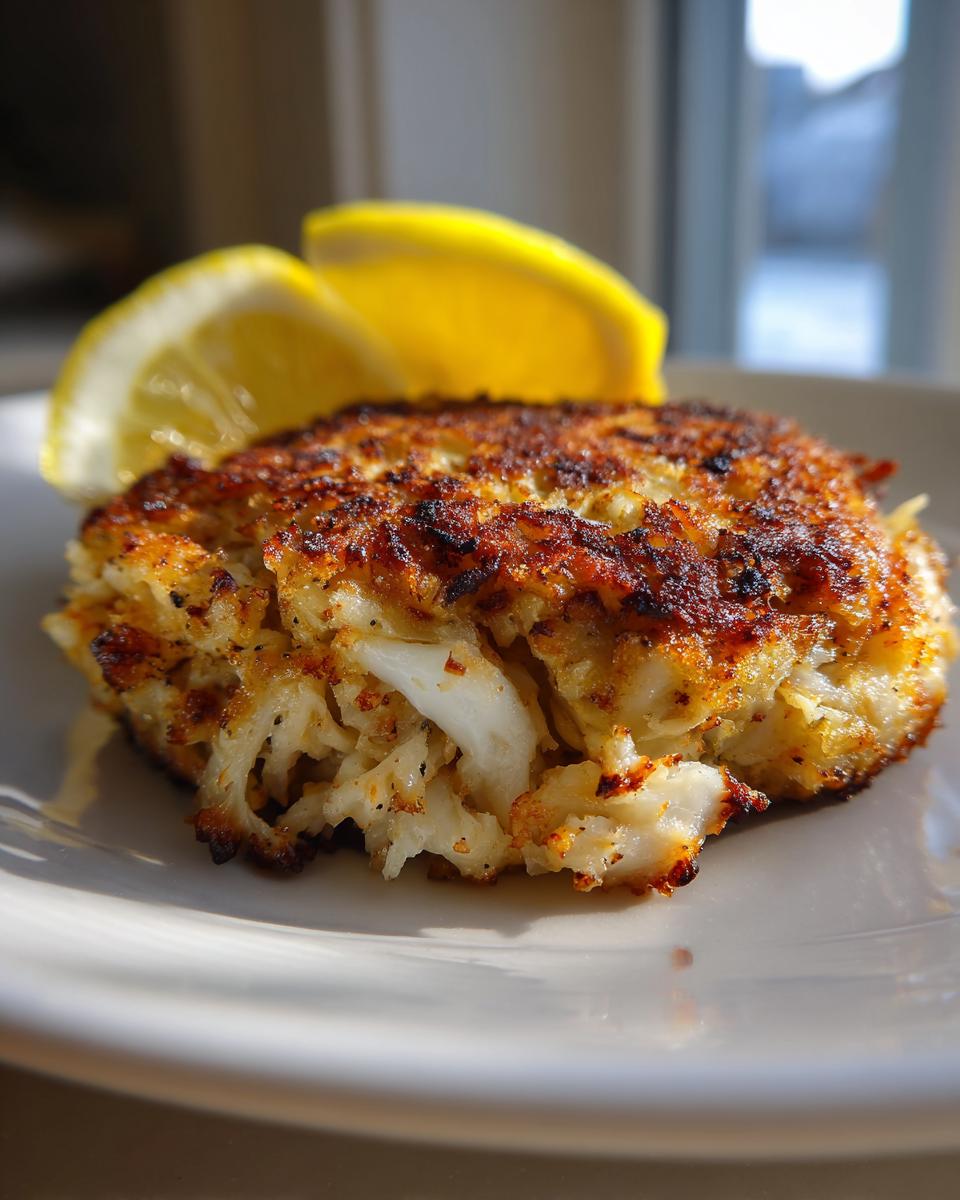 Close-up of a thick, golden-brown Maryland crab cake showing large chunks of white crab meat, served with lemon slices.