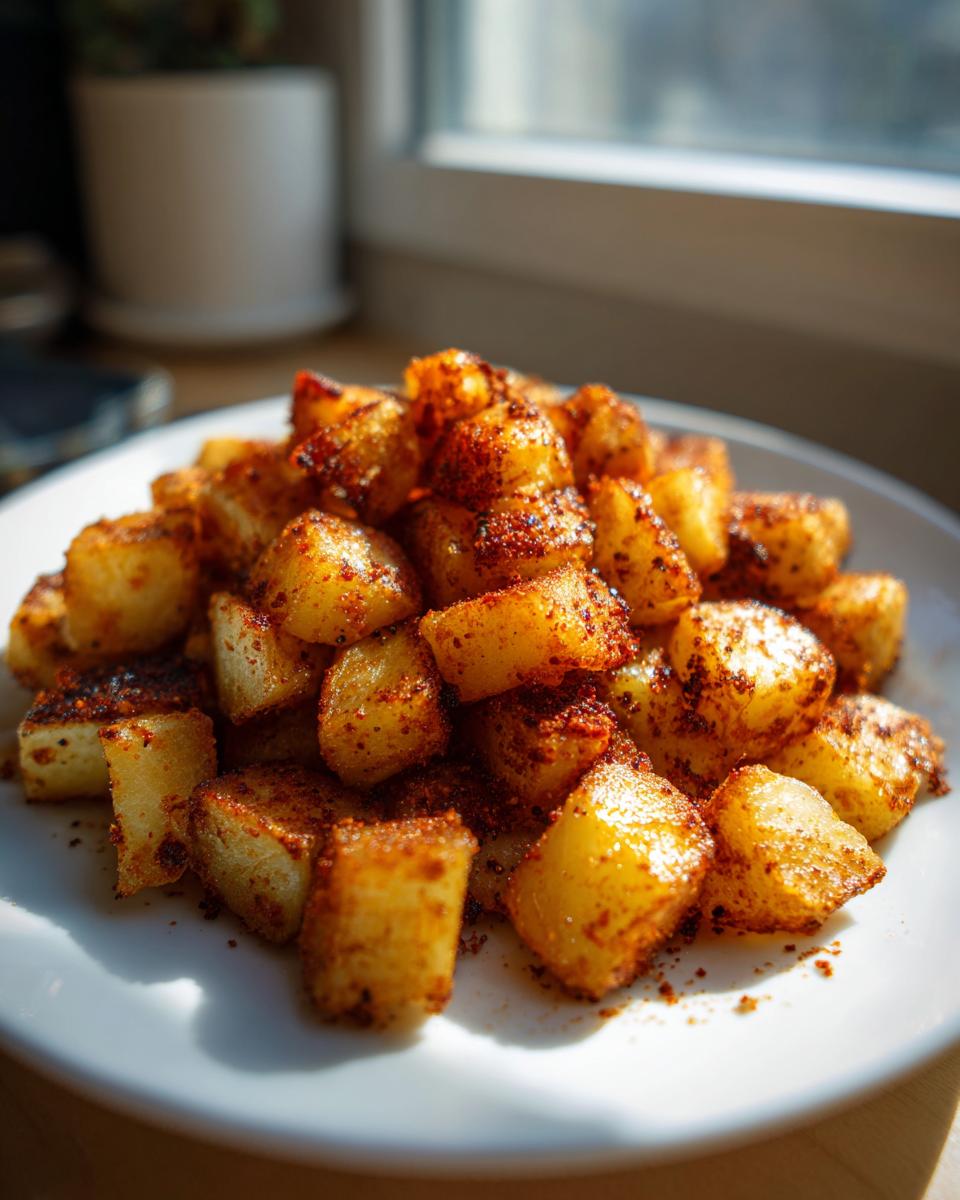 A close-up of golden, cubed breakfast potatoes heavily seasoned with paprika or chili powder, piled on a white plate.