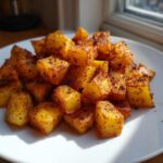 Close-up of golden brown, cubed breakfast potatoes seasoned with spices, served on a white plate.