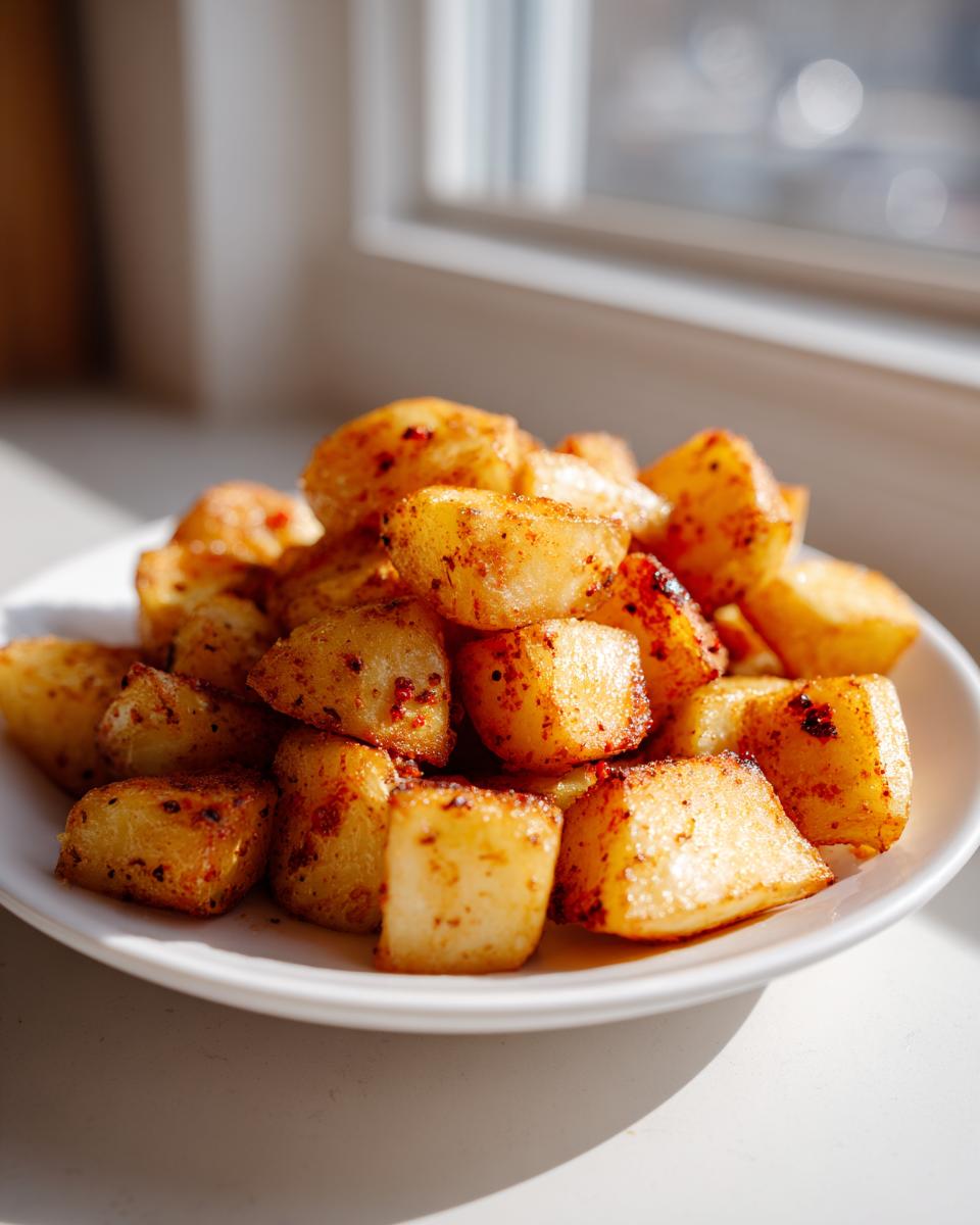 A close-up of golden brown, cubed breakfast potatoes seasoned with spices, served on a white plate near a window.