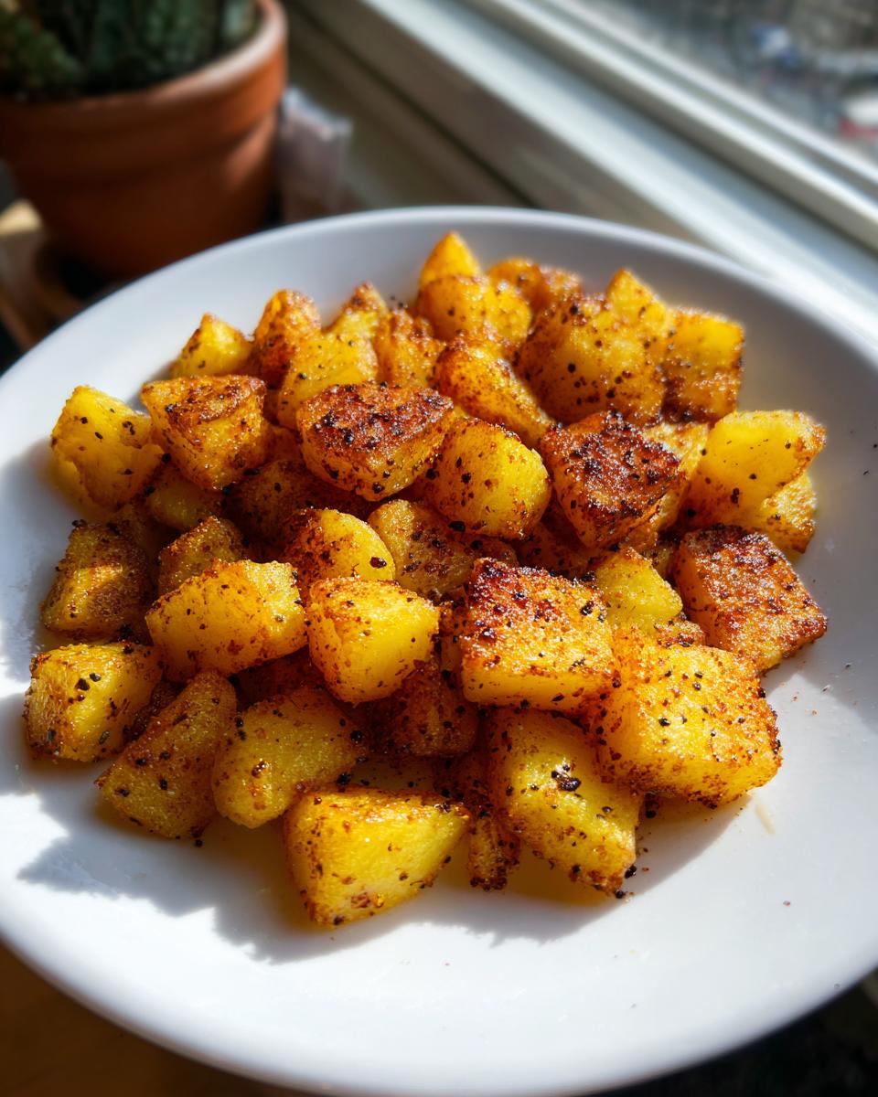 Close-up of golden, cubed breakfast potatoes seasoned with pepper and spices in a white bowl.