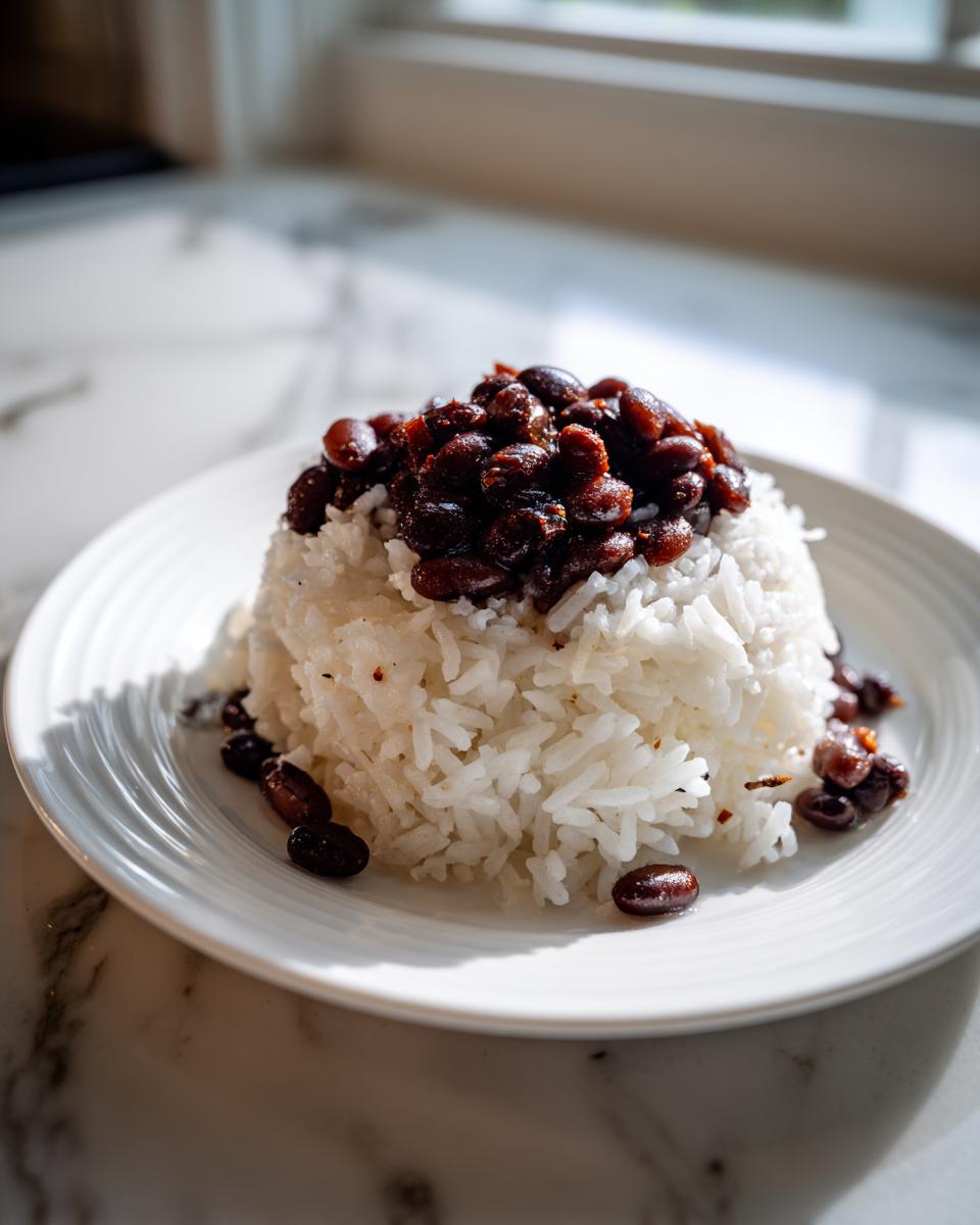 A mound of white rice topped with dark, seasoned black beans and rice served on a white plate.