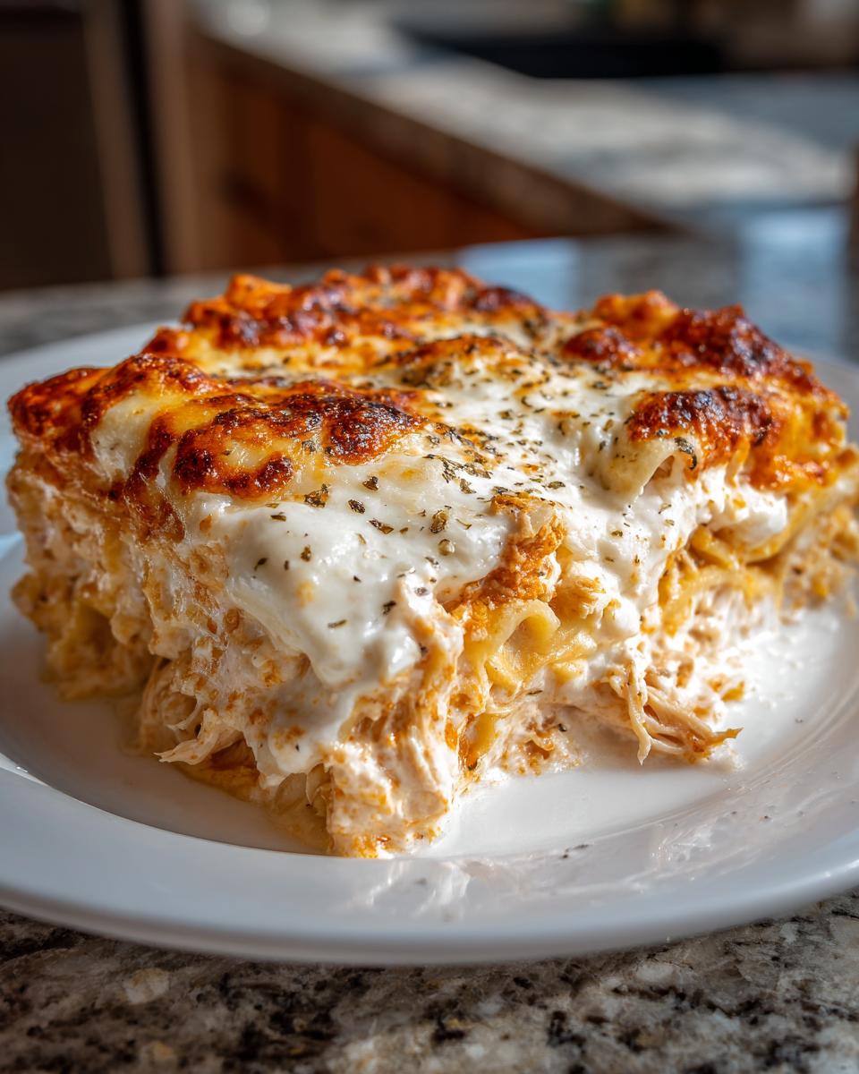 A generous slice of creamy chicken lasagna with a golden, bubbly cheese topping sprinkled with herbs.
