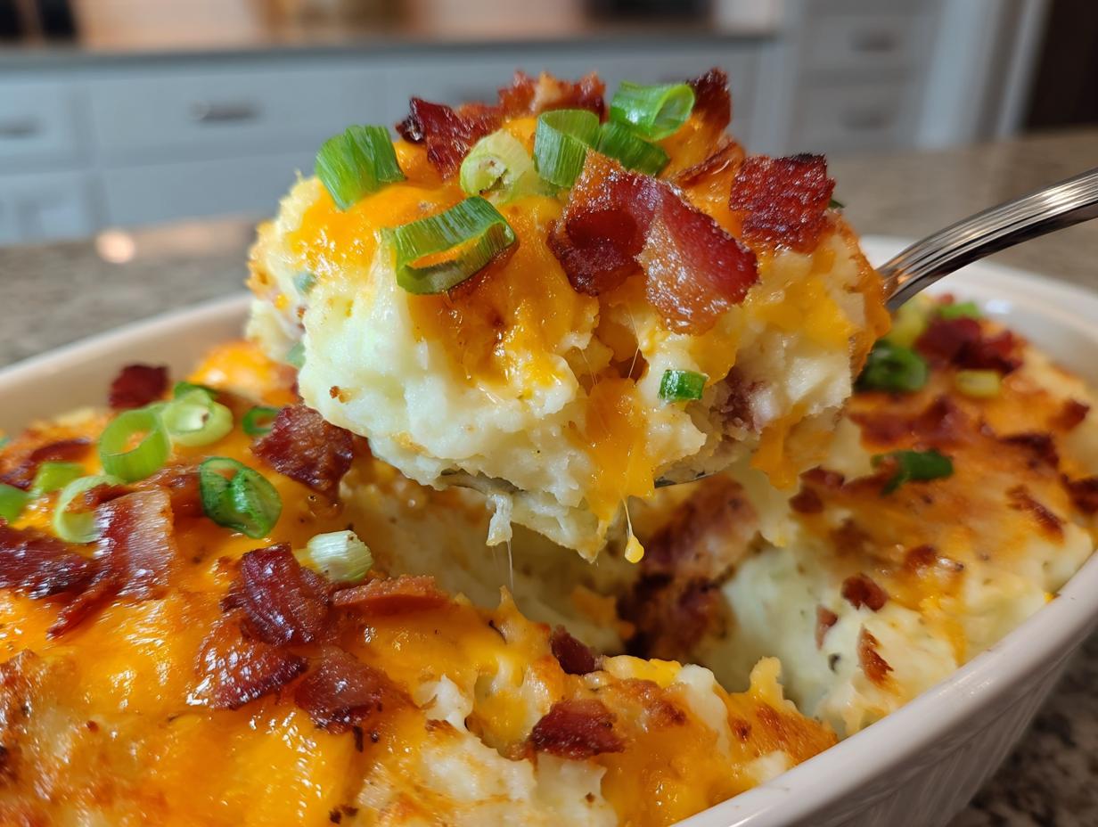A spoonful of creamy mashed potato casserole topped with melted cheddar, bacon bits, and green onions being lifted from the dish.