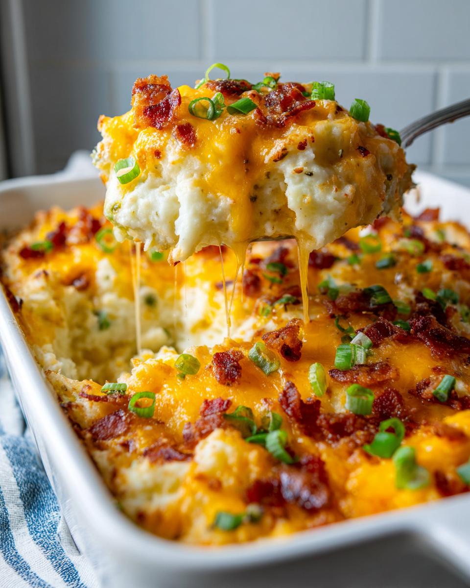 A spoonful of cheesy, bacon-topped mashed potato casserole being lifted from the baking dish.