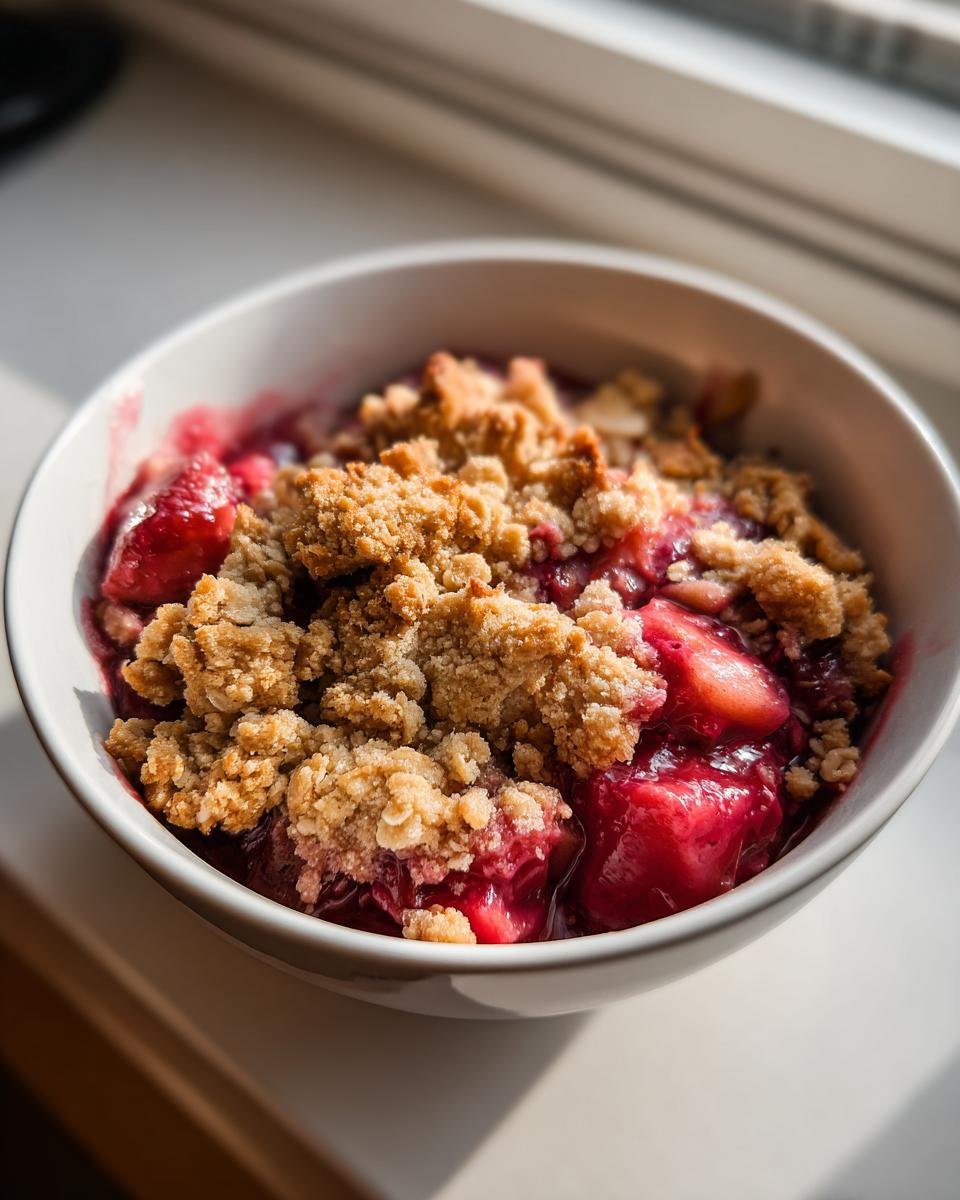 Close-up of a single serving of warm rhubarb crisp with a golden, crumbly topping in a white bowl.