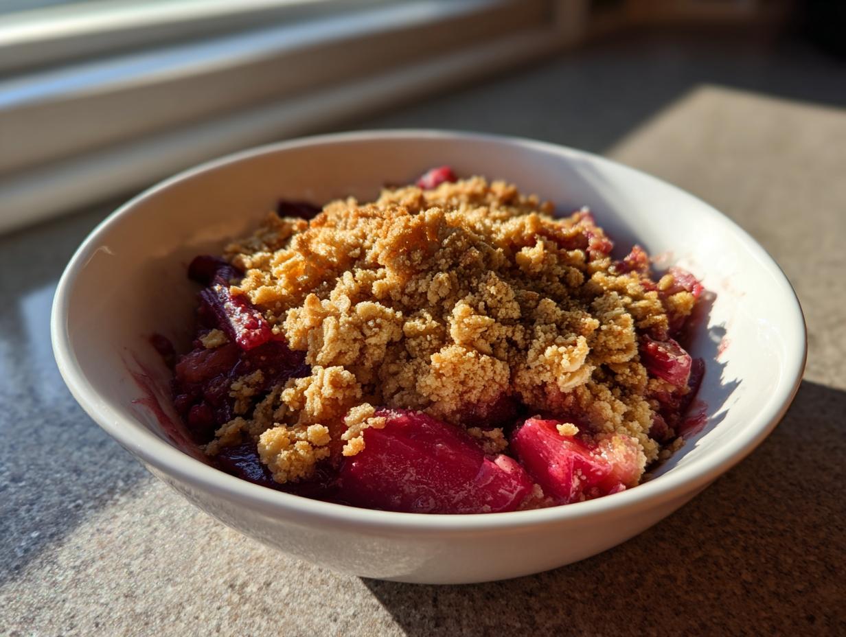 A close-up of a white bowl filled with warm rhubarb crisp, featuring bright red fruit and a golden, crunchy topping.