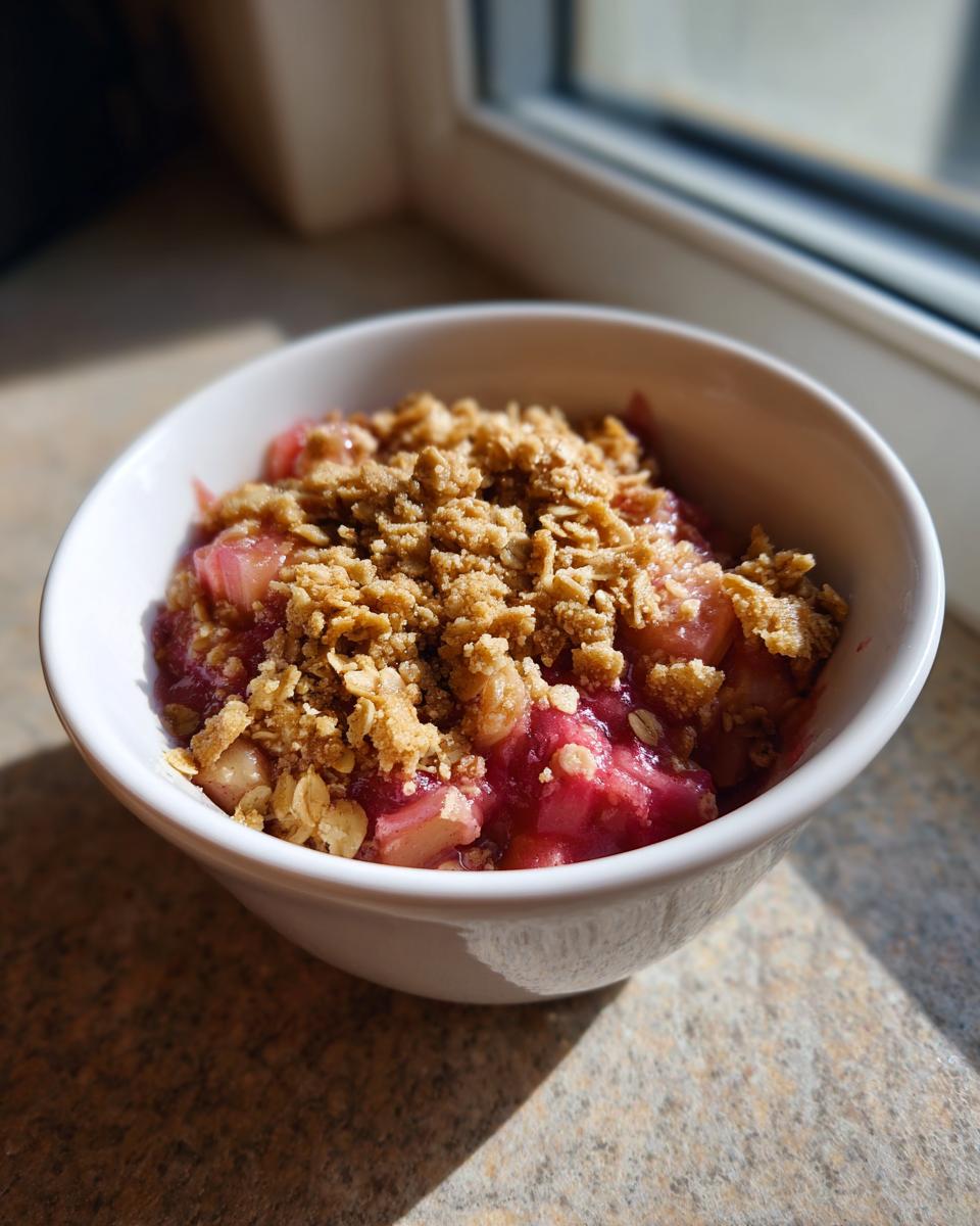 A single serving of warm rhubarb crisp with a golden oat topping in a white bowl, backlit by sunlight.