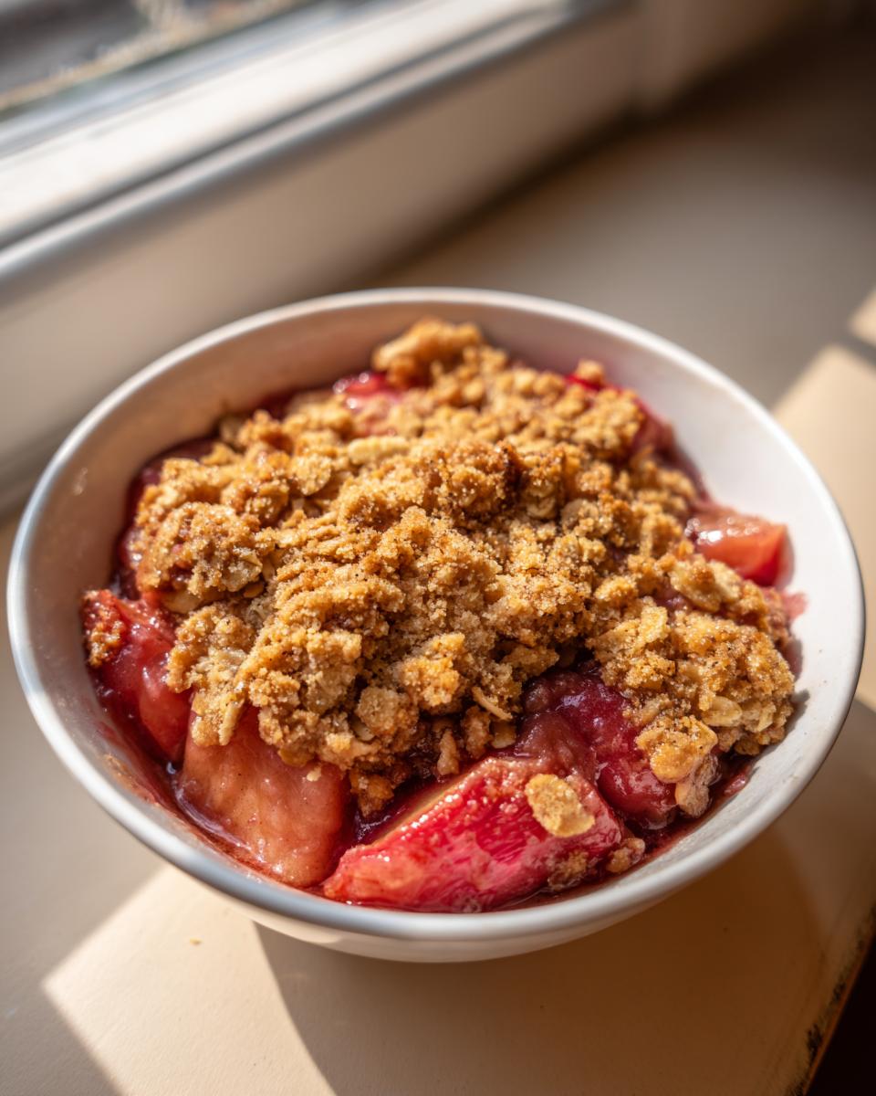 Close-up of a single serving of warm rhubarb crisp with a crunchy oat topping in a white bowl.