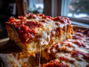 A close-up shot of a square slice of lazy lasagna being lifted, showing melted, stringy cheese and rich tomato sauce.