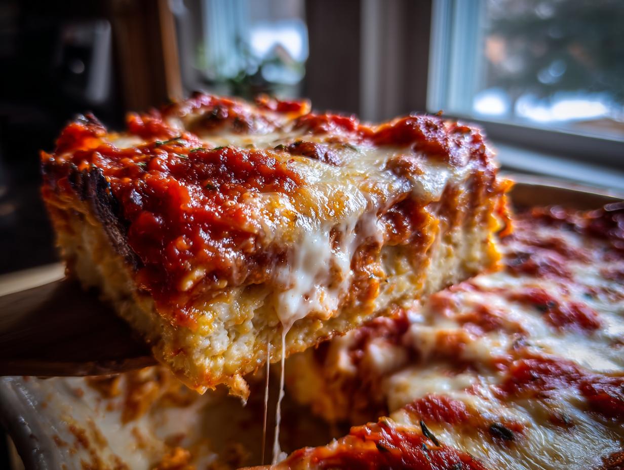 A close-up shot of a square slice of lazy lasagna being lifted, showing melted, stringy cheese and rich tomato sauce.