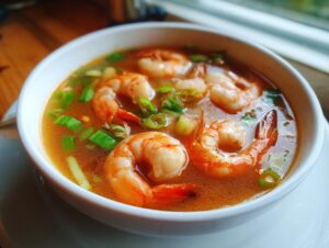 A white bowl filled with vibrant, savory tom yum soup featuring large cooked shrimp and chopped green onions.