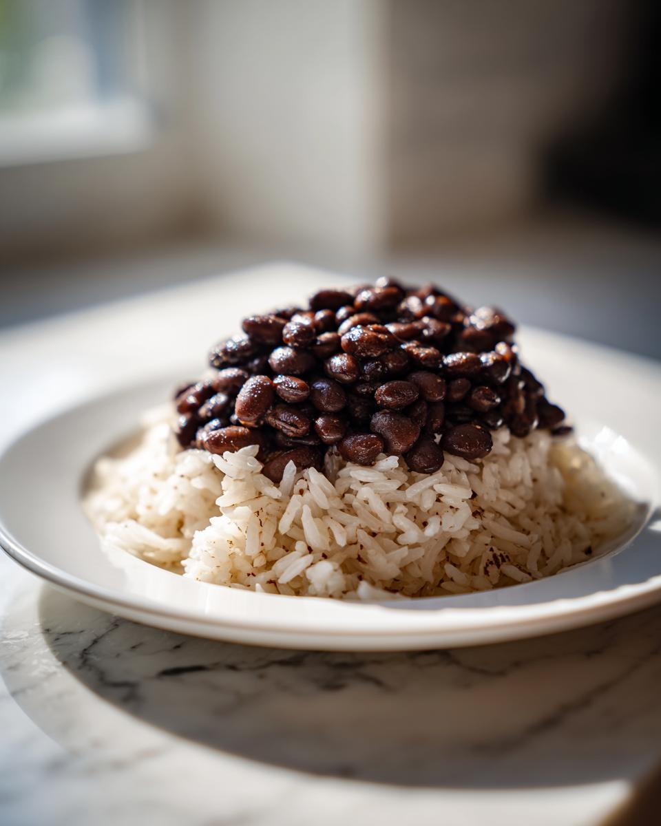 A serving of white rice topped with a mound of glossy black beans and rice on a white plate.