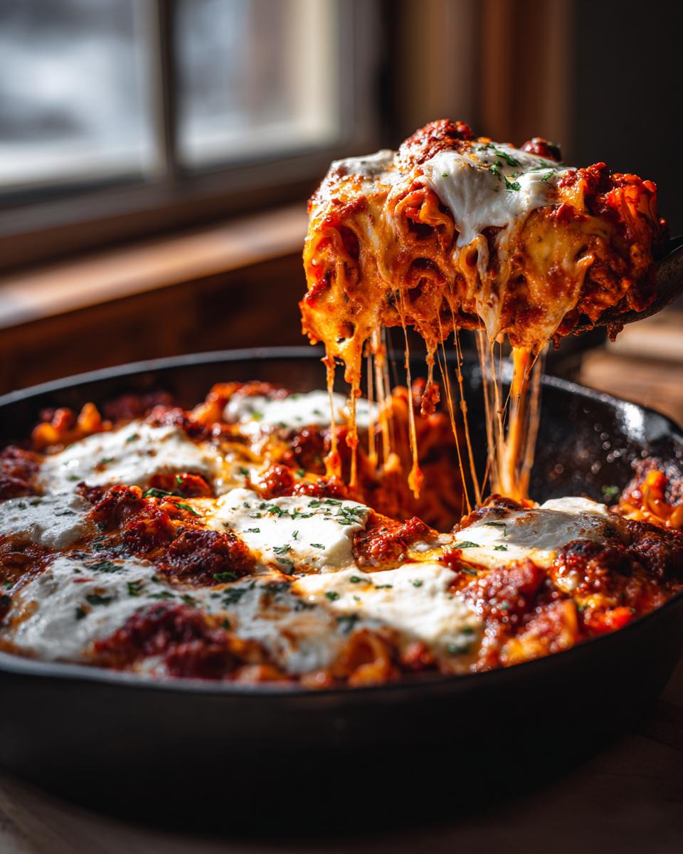 A serving of cheesy skillet lasagna being lifted from a black pan, showing long, melted cheese strings.