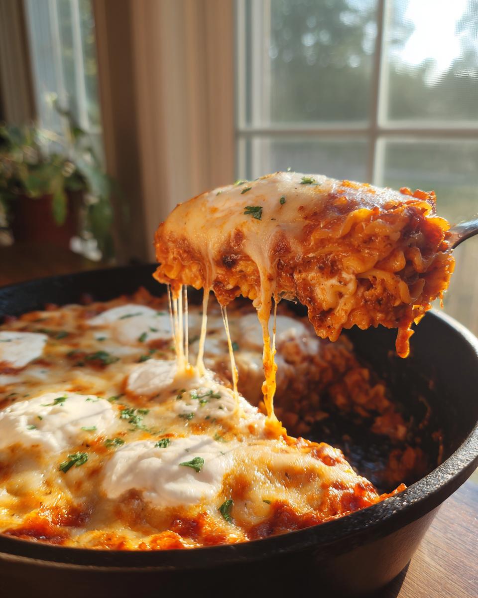A spoonful of cheesy skillet lasagna being lifted, showing long, gooey cheese pulls over the rest of the dish in the cast iron pan.