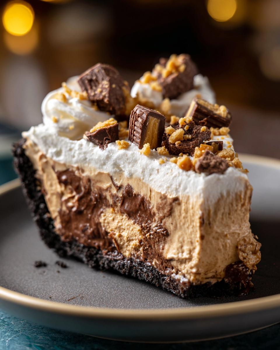 A decadent slice of butterfinger pie featuring layers of peanut butter and chocolate filling, whipped cream, and chopped candy.
