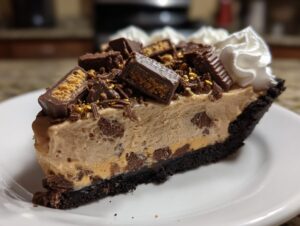 A rich slice of no-bake butterfinger pie with a chocolate crust, topped with whipped cream and chopped Butterfinger pieces.