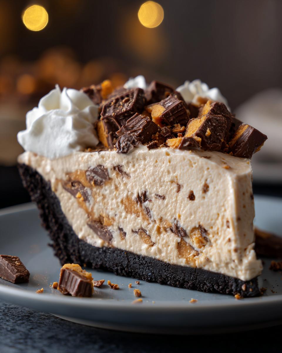 A tall slice of creamy no-bake butterfinger pie with a dark chocolate crust, topped with whipped cream and chopped Butterfinger pieces.