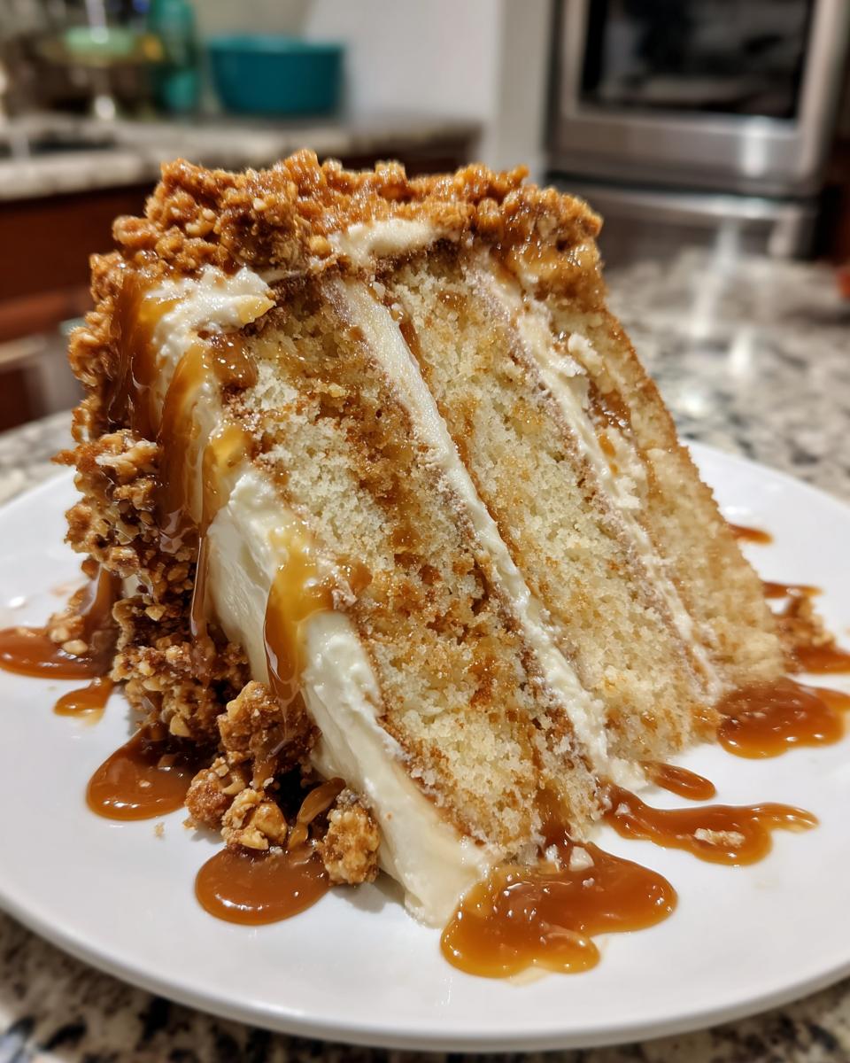 A tall slice of caramel crunch cake showing three layers of cake, white frosting, and covered in caramel drizzle and crunch topping.