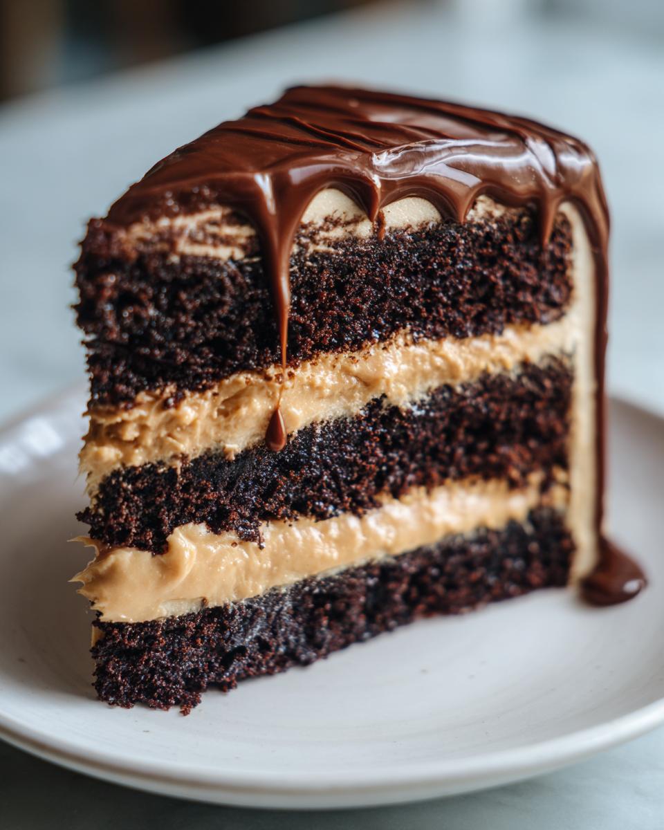 A tall slice of chocolate peanut butter cake with three layers of dark cake and peanut butter frosting, topped with chocolate ganache drip.