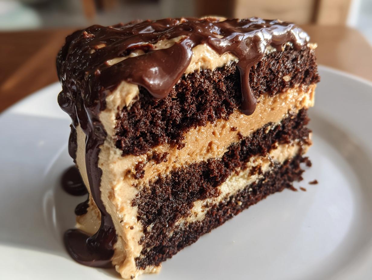 A decadent slice of chocolate peanut butter cake with three layers of dark cake and peanut butter frosting, topped with chocolate ganache.