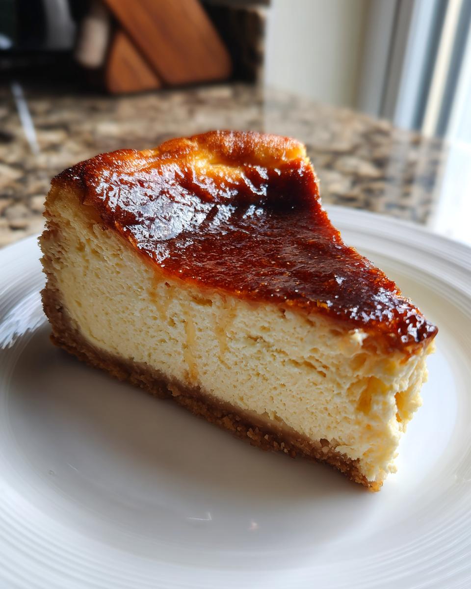 A perfect slice of creme brulee cheesecake featuring a creamy filling and a dark, glossy, torched sugar topping.