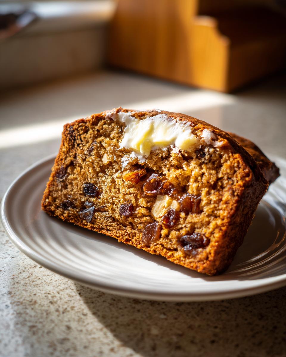 Close-up of a moist slice of date nut bread topped with melting butter on a light plate.