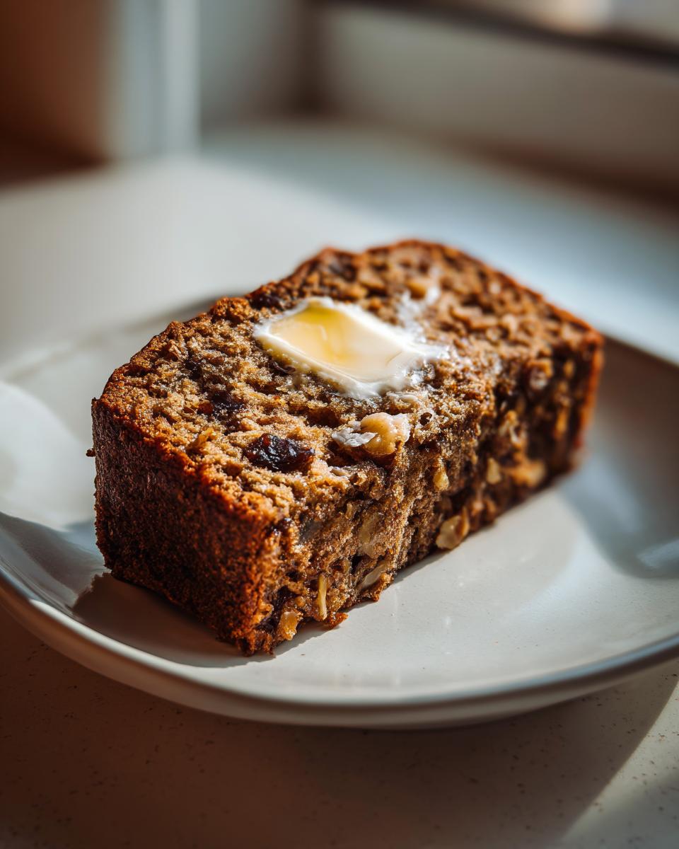 A thick slice of moist date nut bread topped with melting butter, served on a light plate.