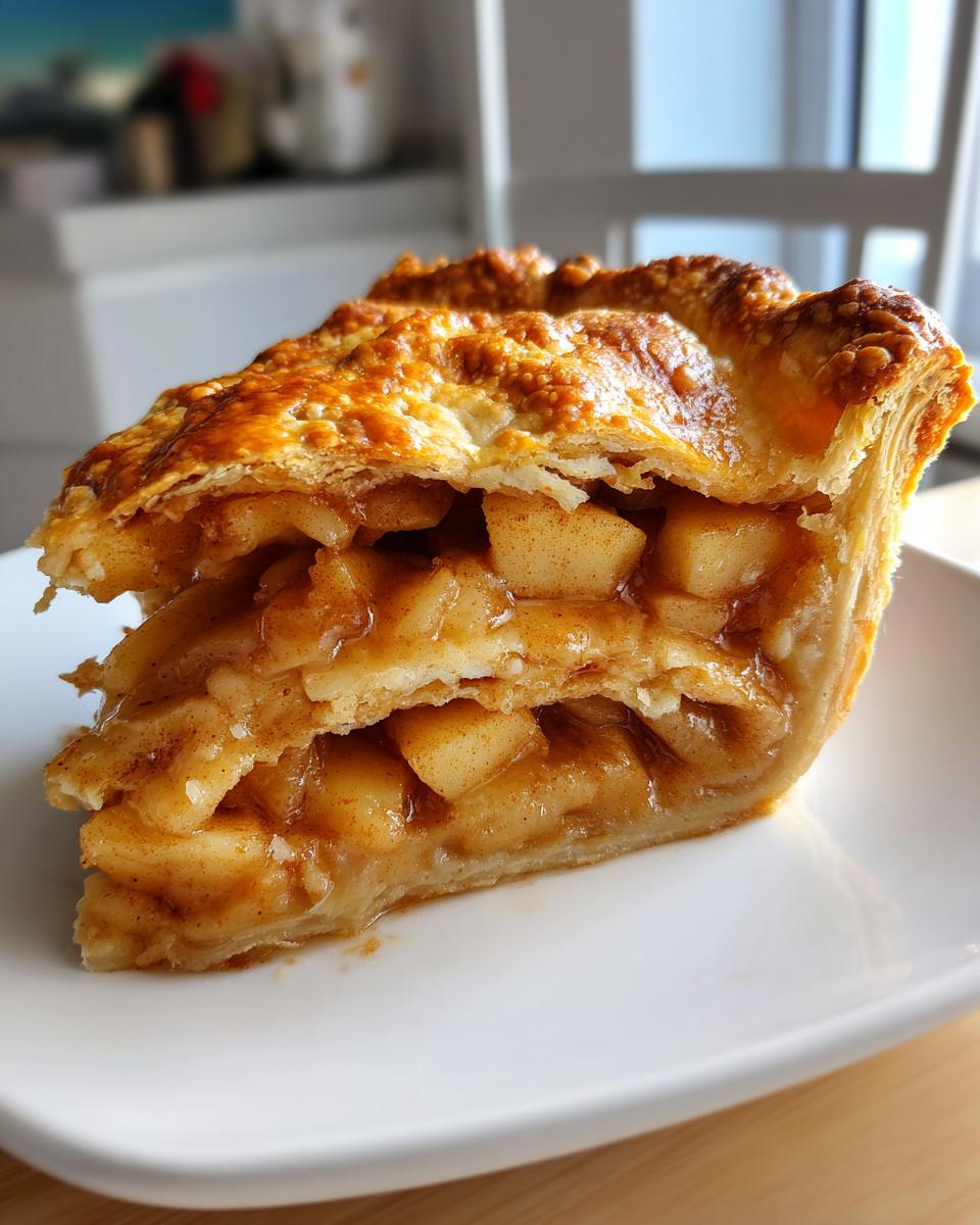 Close-up of a thick slice of apple pie showing the flaky, golden crust and chunky, cinnamon-spiced apple filling.