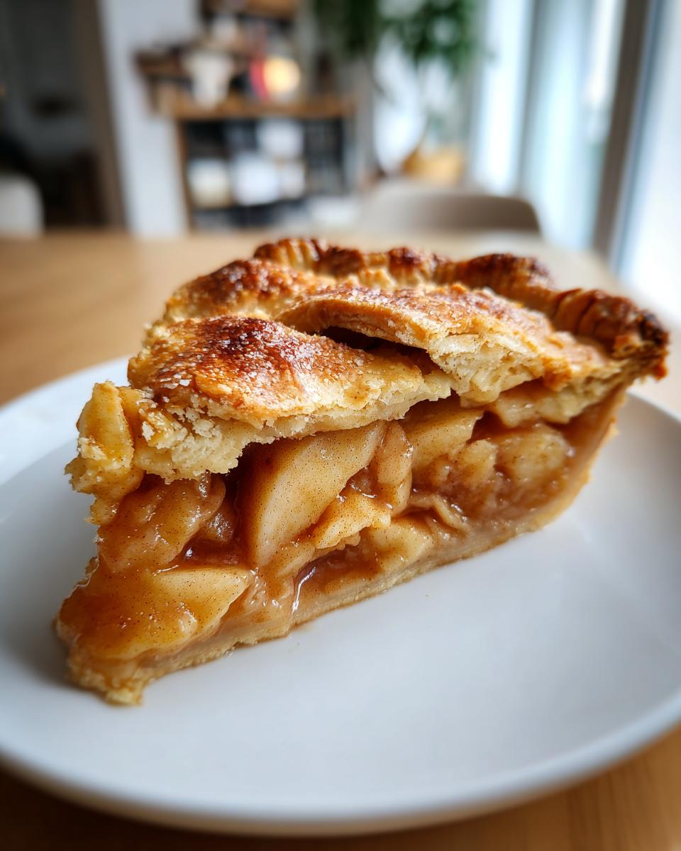 Close-up of a perfect slice of apple pie showing thick, caramelized apple filling and a flaky, sugared top crust.