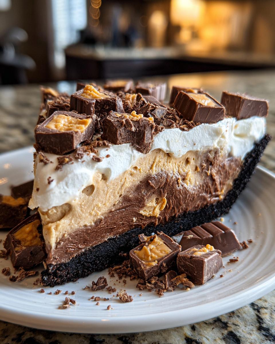 A tall slice of rich butterfinger pie featuring chocolate and peanut butter layers, whipped cream, and chopped candy on top.