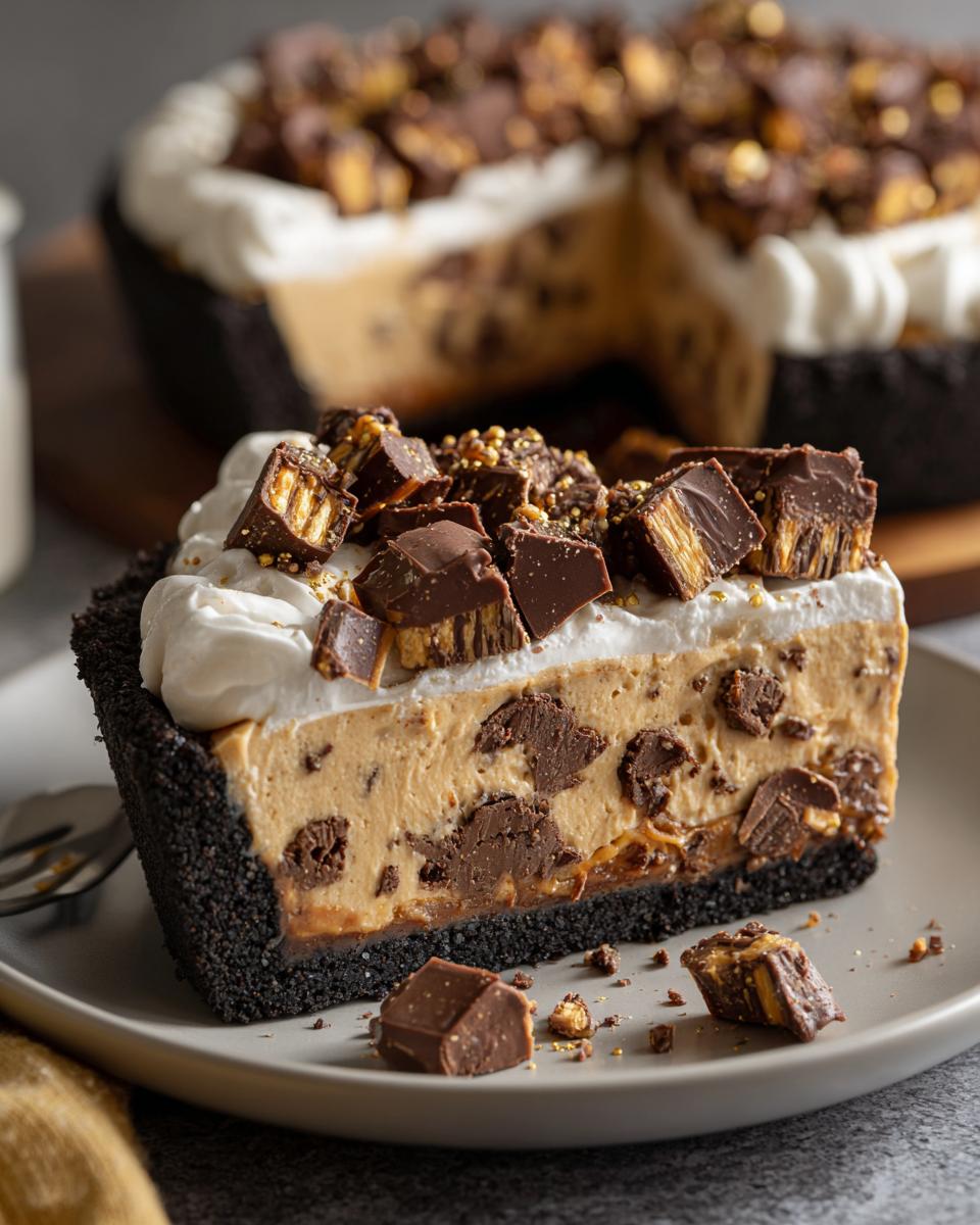A close-up slice of rich butterfinger pie with a dark crust, peanut butter filling, whipped cream, and chopped candy.